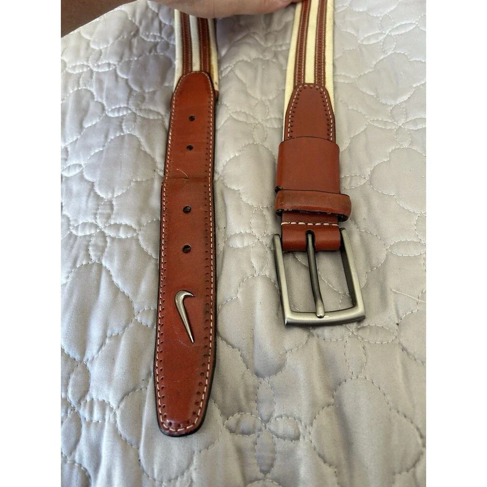 Nike Golf men’s two-tone brown leather and beige canvas belt size 36